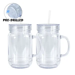 Pre drilled 20oz Mason Double Wall Plastic Tumbler for Food and Beverage Storage & Mug Container