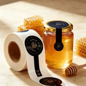 Premium Matte Black Vinyl Gold Foil Connected Seal Labels Custom Stickers for Honey & Jam & Syrup & Glass Jar Food Packaging