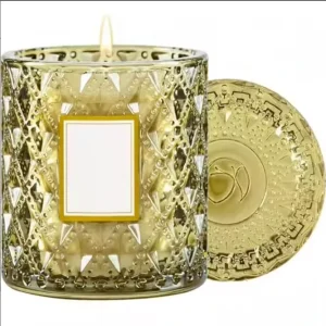 Premium Soy Wax Blend in Exquisite Gold Textured Glass Vessel with Matching Lid Infused with a Luxurious Long Lasting Fragrance