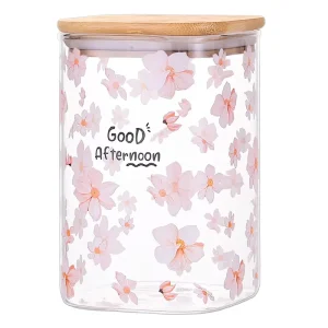 Printed Kitchen Storage Jars Pasta Storage Bottles with Bamboo Lid Square Glass Snack Containers