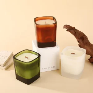 Private Label Square Glass Candle Jars Wood Wick Candles Natural Soy Wax Aromatherapy Scented Candles Custom Logo and Packaging