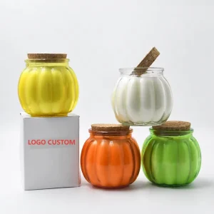 Pumpkin-Shaped Glass Candle Container with Cork Lid for Autumn and Halloween Decor
