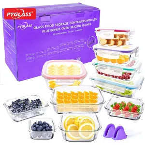 Pyglass 22 Set High Borosiliacate Glass Food Storage with Airtight Lids for Oven and Microwave Safe