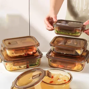 Rectangular Lunch Box Glass Bowl Amber High Borosilicate Glass Food Storage Container Round Meal Prep Containers With Sealed Lid