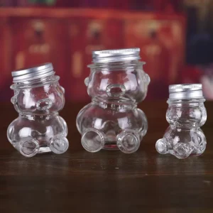 Recyclable Cute Bear Shape Glass Jar for Food Storage Honey Sauce Candles 80ml 160ml 300ml Metal Gold Silver Screw Cap for Home