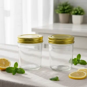 Recyclable Round Glass Food Storage Canister 200ml with Deep Metal Cover for Jam Honey Butter Milk and Pickles