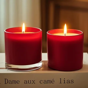 Red Matte Candle Jar with Gold Design Black Glass Vessel and Gold Lid