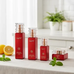 Red Square Glass Cosmetic Packaging Set with Dropper Pump for Skincare Serum and Lotion