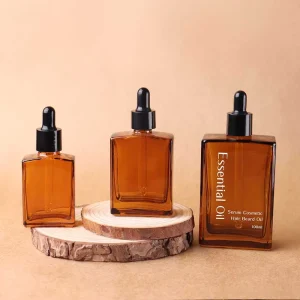 Refillable 30ml 50ml 100ml Amber Square Glass Serum and Essential Oil Dropper Bottles with Black Dropper