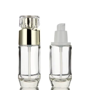 Refillable 45ml Round Glass Lotion Bottle with White Pump and Gold Accessory for Cosmetic Products