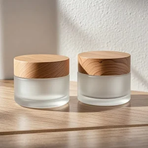 Refillable Frosted Glass Eye and Face Cream Jar 30g 50g with Wooden Caps