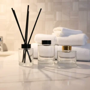 Refillable Round Glass Reed Diffuser Bottle, 100ml-200ml, with Black Collar Ring and Fiber Sticks