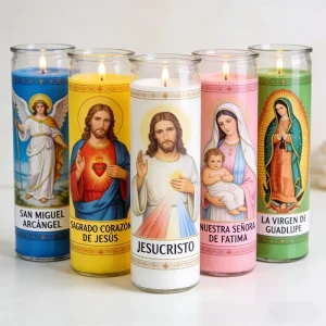 Religious Ceremony Virgin of Guadalupe Christ Image Custom Logo Printing Bulk Supply Mexican Devotion Candles