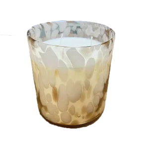 Religious Clear Grey Glass Candle Jar with Gold Design