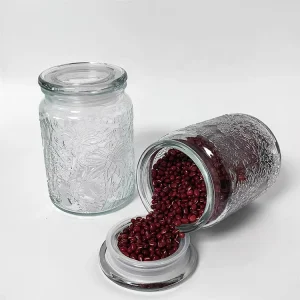 Retro Begonia Pattern Embossed Glass Cookie Jar with Airtight Glass Lid for Tea, Pasta, Cookies, Nuts, Spice
