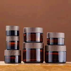 Reusable Amber Glass Cosmetic Jar 5g 10g 15g 20g 30g 50g 60g 100g 150g with Plastic Wood Lid