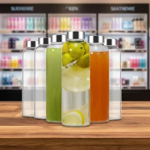 Reusable Clear Glass Water and Juice Bottle with Stainless Steel Lid