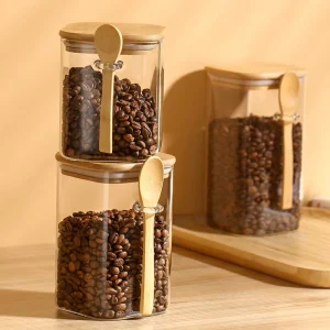 Reusable Clear Square Borosilicate Glass Food Storage Container with Bamboo Lid and Spoon