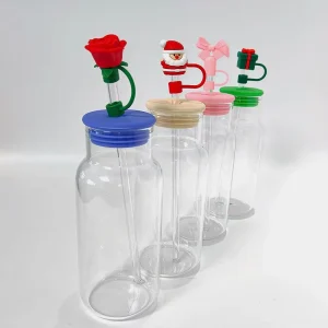 Reusable Wide-Mouth Glass Juice and Beverage Travel Bottle with 3D Silicone Straw Cap