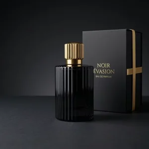 Ribbed Clear Glass Perfume Bottle with Embossed Gold Logo and Black Gift Box