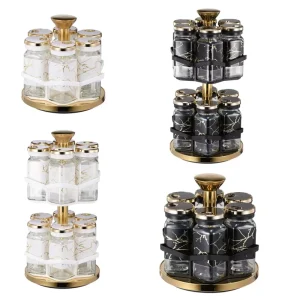 Rotating Spice Rack Set with 6 Airtight Glass Jars 2 Tier Seasoning Organizer with Gold Finish Eco Friendly 2 Colors Available