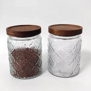 Round Begonia Pattern Cookie Glass Jar Large Embossed Glass Coffee Container with Airtight Acacia Lid for Kitchen Counter
