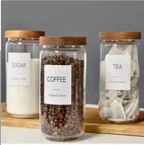 Round Borosilicate Glass Storage Jar for Kitchen Utensils with Wooden Lid