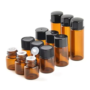 Round Brown or Clear Mini Essential Oil Glass Bottles with Screw Lids