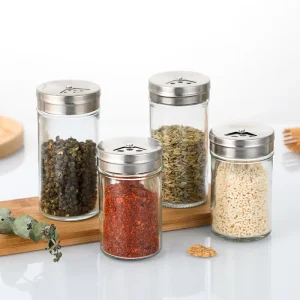 Round Clear Glass Seasoning Jar with Stainless Steel Lid for Salt, Pepper, and Spices
