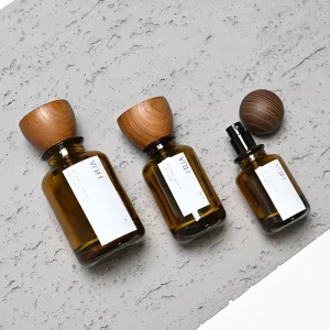 Round Empty Amber Fragrance Glass Perfume Spray Bottle 30ml 50ml 100ml with Wooden Cap