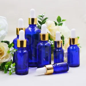 Round Glass Dropper Bottle 5ml 10ml 15ml 20ml 30ml 50ml 100ml Blue Cosmetic Essential Oil Serum Bottles with Gold Dropper