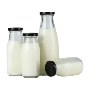 Round Glass Milk, Drink, and Juice Bottles with Lids, 200ml 250ml 500ml 1000ml