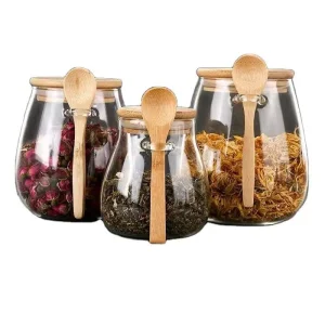 Round High Borosilicate Glass Spice Jars with Flip Top Bamboo Lids Wide Mouth Airtight Kitchen Storage Containers