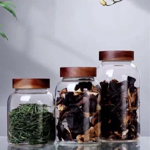 Round High Borosilicate Glass Storage Jar with Airtight Spiral Acacia Wooden Lid