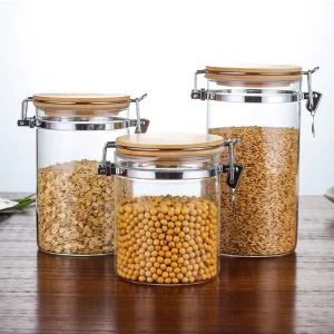 Round Shape High Borosilicate Kitchen Glass Storage Jar Mason Jar Glass Food Container with Stainless Steel Clamp Bamboo Lid