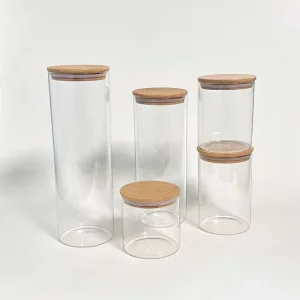 Round Six-Piece Glass Kitchen Jars, Tea Storage Containers with Bamboo Airtight Lids for Food & Dry Goods