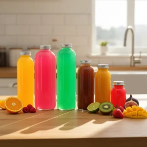 Round Transparent Glass Bottle with Aluminum Cap for Juice and Milk Packaging