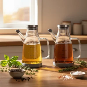 Round Transparent Glass Spice Jar and Olive Oil and Vinegar Bottle