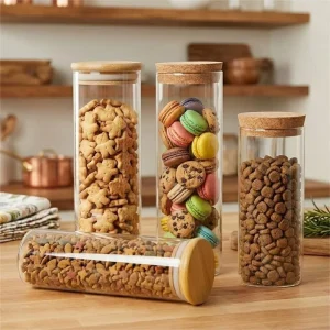 Round Wide Mouth Glass Cookie Jar & Pet Food Container with Bamboo Wood Lid Custom Color & Capacity