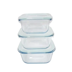 Safe Food Container Borosilicate Glass Container 3pcs square Shaped clear Glass air Tight Storage Containers with Silicone Lid