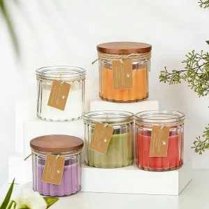 Scented Paraffin Wax Candle in Transparent Glass Jar with Bamboo Lid