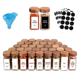 Set of 120ml Rustic Square Bamboo Wood and Glass Seasoning Jars with Pepper Bottle
