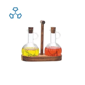 Set of 2 Borosilicate Vinegar and Oil Jugs with Wooden Base, Cork Stopper, and Conical Design