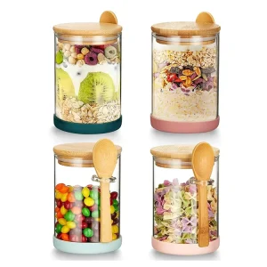 Set of 4 Airtight Borosilicate Glass Jars Bamboo Lids Spoons 17 oz Capacity Food Grade Storage Containers for Cookies Matcha