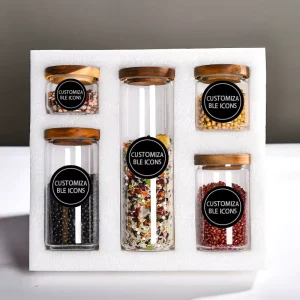 Set of 5 Clear Glass Canister Food Jars with Airtight Wooden Lids