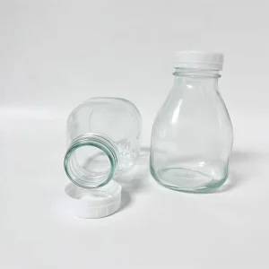 Short Squat Glass Beverage Milk Container with Tamper Evident Plastic Screw Cap for Kids