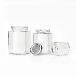 Six-Sided Thickened Transparent Glass Bottle with Hexagonal Aluminum Screw Cap, Honey and Fruit Jam Jar, 180ml