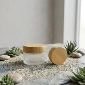 Skincare Packaging Transparent Round Frosted Glass Cosmetic Jar with Natural Bamboo Lid