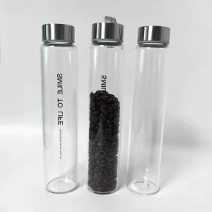 Slim Glass Beverage Bottle with Stainless Steel Lid for Coffee Juice Wine Soda and Tea