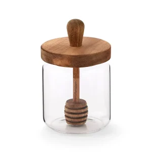 Small Glass Honey Jar for Syrup with Acacia Wooden Dipper and Lid